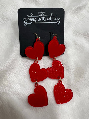 3 Heart Drop Earrings - Red